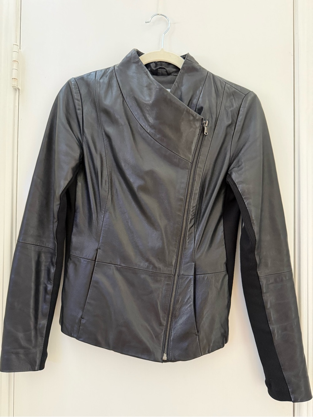 DKNY Black Leather Asymmetric Zip Jacket, Size XS